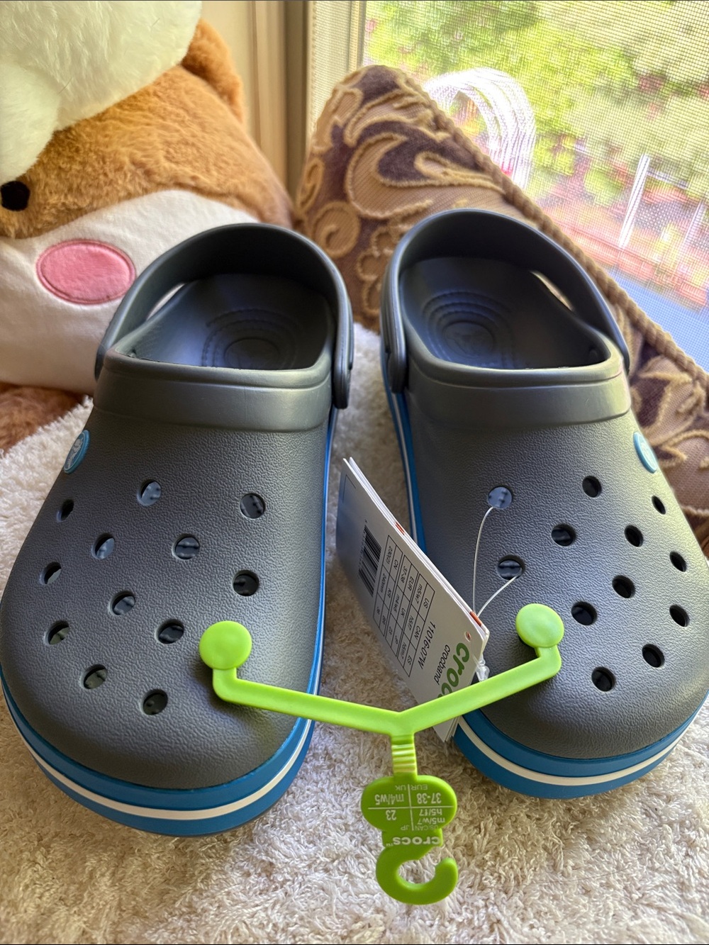 CROCS Gray Clog Sandals with Blue Trim